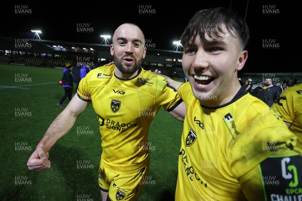 160126 - Dragons v Newcastle Red Bulls - European Rugby Challenge Cup - Cai Evans and Harri Ackerman of Dragons celebrate at full time