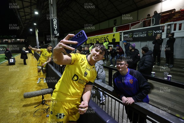 160126 - Dragons v Newcastle Red Bulls - European Rugby Challenge Cup - Harri Ackerman of Dragons with fans at full time