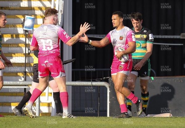 030421 Dragons v Northampton Saints, European Challenge Cup - Ashton Hewitt of Dragons is congratulated by Aneurin Owen of Dragons after scoring try