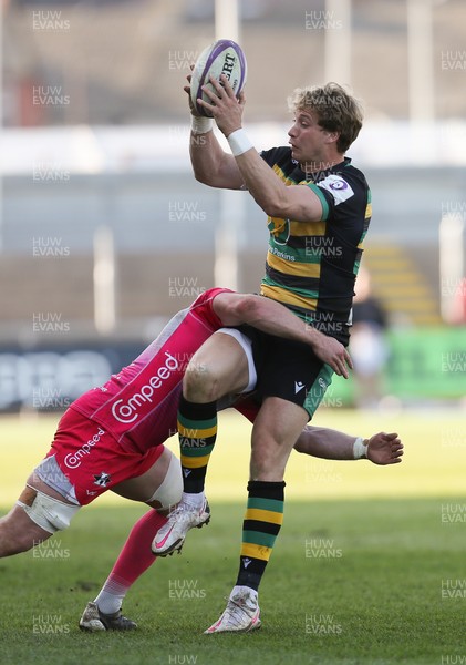 030421 Dragons v Northampton Saints, European Challenge Cup - Harry Mallinder of Northampton Saints is tackled by Aaron Wainwright of Dragons
