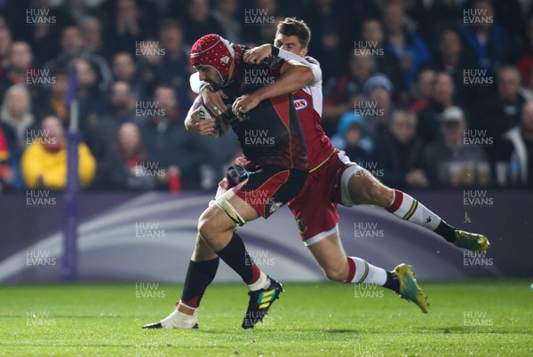 191018 - Dragons v Northampton Saints, European Challenge Cup - Cory Hill of Dragons is tackled by James Grayson of Northampton Saints