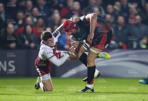 191018 - Dragons v Northampton Saints, European Challenge Cup - Cory Hill of Dragons is tackled by James Grayson of Northampton Saints