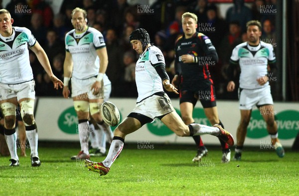 010117 - Newport Gwent Dragons v Ospreys - GuinnessPro12 -  Sam Davies of Ospreys kicks to touch by Huw Evans Agency