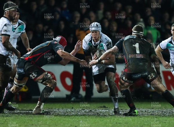 010117 - Newport Gwent Dragons v Ospreys, Guinness PRO12 -Hanno Dirksen of Ospreys is tackled by Cory Hill of Newport Gwent Dragons and Phil Price of Newport Gwent Dragons by Gareth Everett