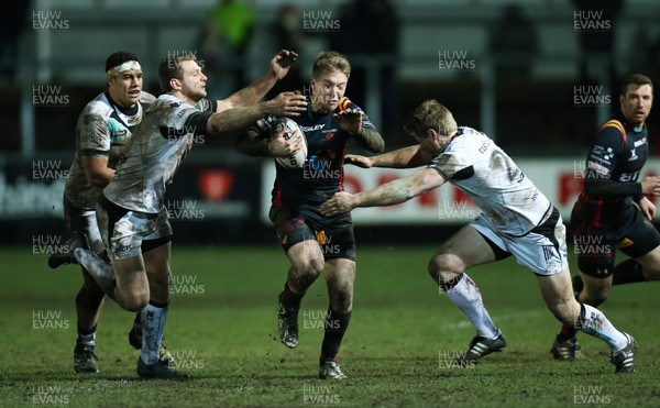 010117 - Newport Gwent Dragons v Ospreys, Guinness PRO12 -Tyler Morgan of Newport Gwent Dragons looks for a way through the Ospreys defence by Gareth Everett