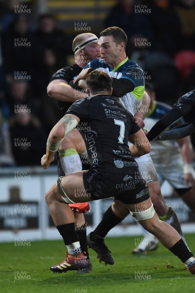 040120 - Dragons v Ospreys - Guinness Pro 14 - George North of Ospreys is tackled by Joe Davies of Dragons