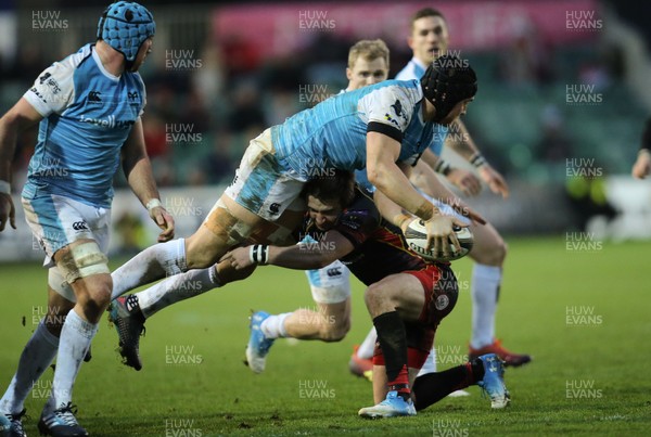 301218 - Dragons v Ospreys, Guinness PRO14 - James King of Ospreys offloads the ball as he is tackled