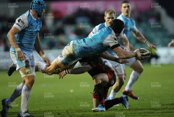 301218 - Dragons v Ospreys, Guinness PRO14 - James King of Ospreys offloads the ball as he is tackled