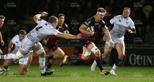 311217 - Dragons v Ospreys - Guinness PRO14 - Aaron Wainwright of Dragons is tackled by Bradley Davies of Ospreys