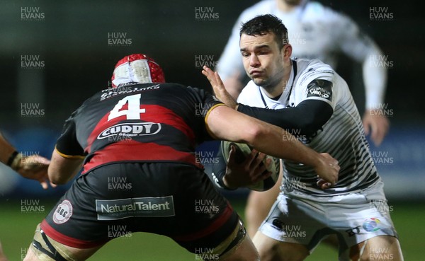 311217 - Dragons v Ospreys - Guinness PRO14 - Tom Habberfield of Ospreys is tackled by Cory Hill of Dragons