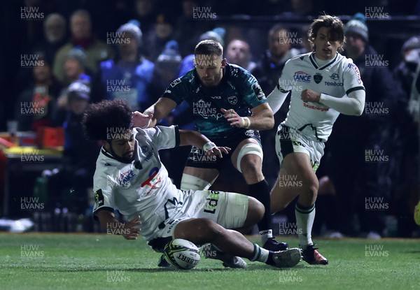 171222 - Dragons v Pau - EPCR Challenge Cup - Brent Liufau of Pau and Aaron Wainwright of Dragons go for the ball