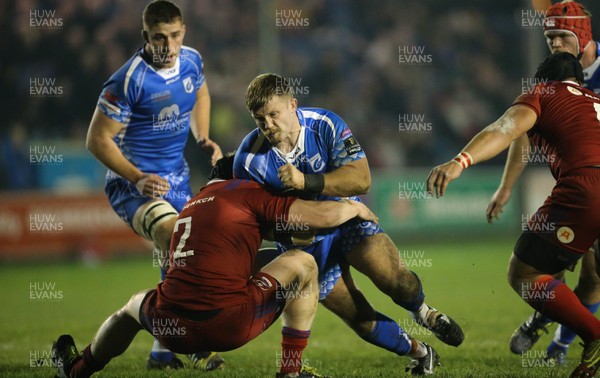 161118 - Dragons v Russia Rugby, International Friendly - Rhys Lawrence of Dragons drives into Evgeny Matveev of Russia