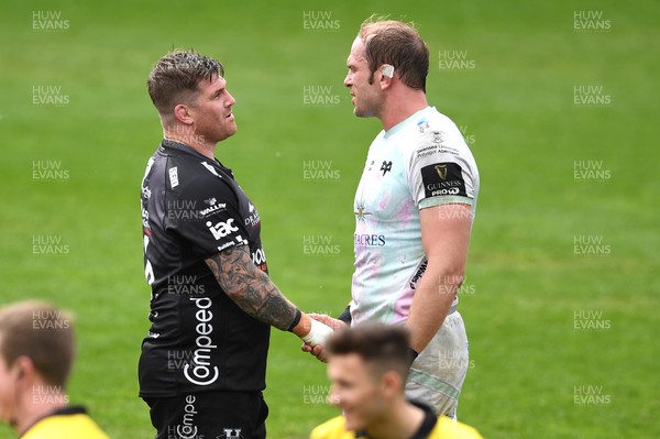 160521 - Dragons v Ospreys - Guinness PRO14 Rainbow Cup - Richard Hibbard of Dragons and Alun Wyn Jones of Ospreys at the end of the game