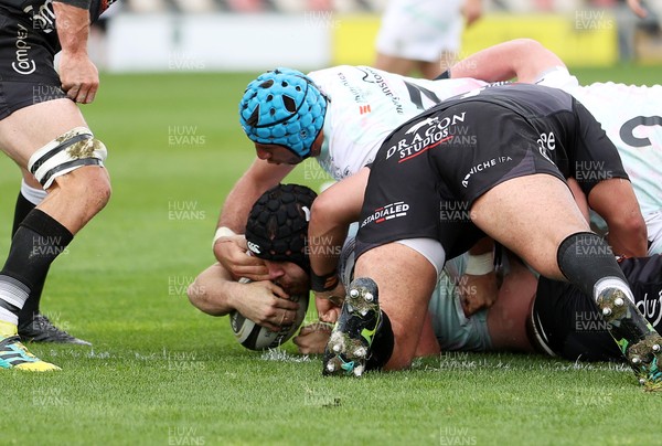 160521 - Dragons v Ospreys - Guinness PRO14 Rainbow Cup - Morgan Morris of Ospreys gets over the line to score a try