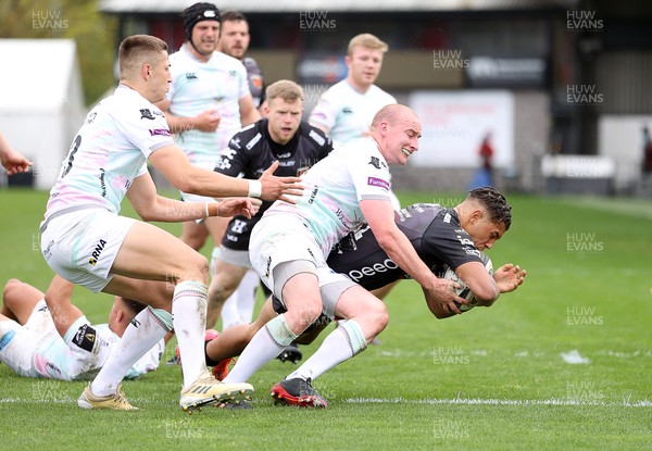160521 - Dragons v Ospreys - Guinness PRO14 Rainbow Cup - Rio Dyer of Dragons can�t be stopped by Luke Price and Dewi Cross of Ospreys to score a try