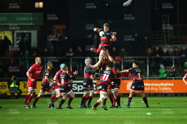 171117 Dragons v Wasps - Anglo-Welsh Cup -  Matthew Screech of Dragons wins lineout ball 