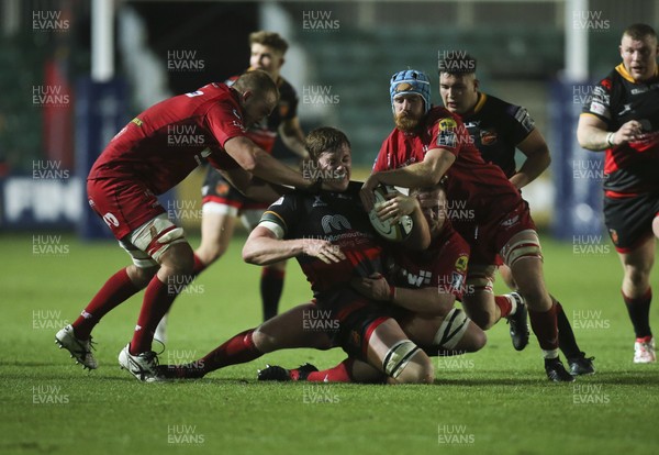 171117 - Dragons v Scarlets, Anglo-Welsh Cup - Matthew Screech of Dragons is hauls down by the Scarlets defence