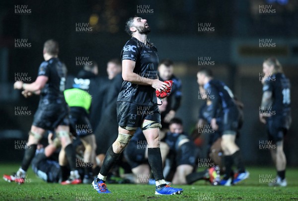211219 - Dragons v Scarlets - Guinness PRO14 - Cory Hill of Dragons celebrates at the end the game