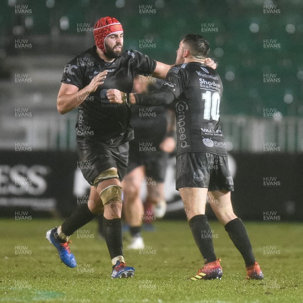 211219 - Dragons v Scarlets - Guinness Pro 14 - Cory Hill of Dragons and Sam Davies of Dragons celebrate their last second win