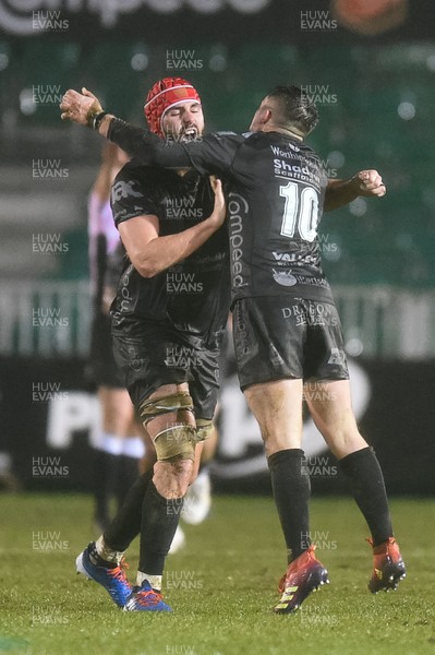 211219 - Dragons v Scarlets - Guinness Pro 14 - Cory Hill of Dragons and Sam Davies of Dragons celebrate their last second win