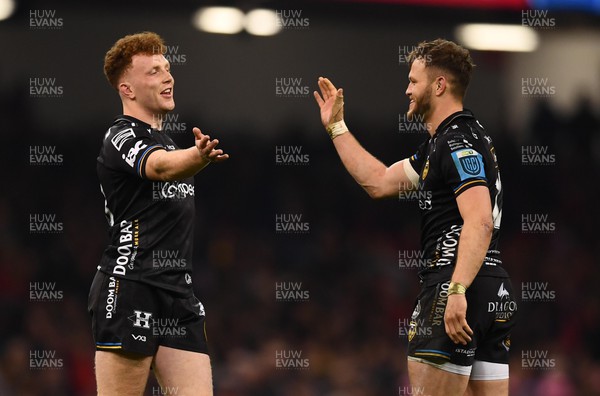 220423 - Dragons v Scarlets - United Rugby Championship - Aneurin Owen and Steff Hughes of Dragons celebrate