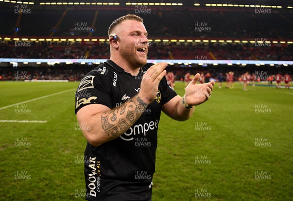 220423 - Dragons v Scarlets - United Rugby Championship - Lloyd Fairbrother of Dragons celebrate at the end of the game