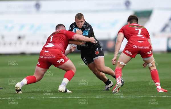 230422 - Dragons v Scarlets, United Rugby Championship - Taylor Davies of Dragons takes on Steff Thomas of Scarlets and Tomas Lezana of Scarlets