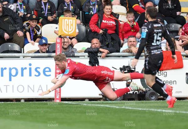 230422 - Dragons v Scarlets, United Rugby Championship - Angus O’Brien of Scarlets dives in to score try