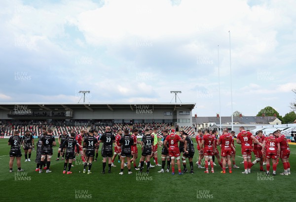230422 - Dragons v Scarlets, United Rugby Championship - The Dragons and Scarlets applaud each other as they leave the pitch