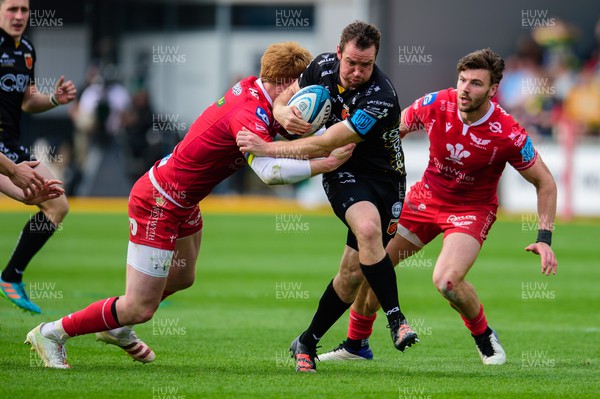 230422 - Dragons v Scarlets - United Rugby Championship - Adam Warren of Dragons is tackled by Rhys Patchell of Scarlets 