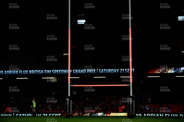 270419 - Dragons v Scarlets - Guinness PRO14 - Judgement Day - Rugby posts light up when a kick at goal is made