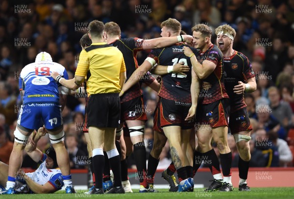 270419 - Dragons v Scarlets - Guinness PRO14 - Judgement Day - Jack Dixon of Dragons celebrates scoring try with team mates