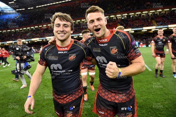 270419 - Dragons v Scarlets - Guinness PRO14 - Judgement Day - Rhodri Williams and Josh Lewis of Dragons celebrate at the end of the game