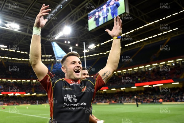 270419 - Dragons v Scarlets - Guinness PRO14 - Judgement Day - Josh Lewis of Dragons celebrate at the end of the game
