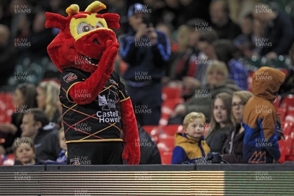 270419 - Dragons v Scarlets, Judgement Day VII, Guinness PRO14 - Dragons mascot interacts with the crowd