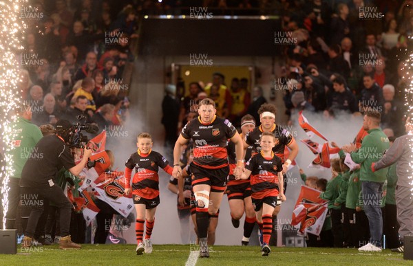 280418 - Dragons v Scarlets - Guinness PRO14 - Elliot Dee of Dragons leads out his side with mascots