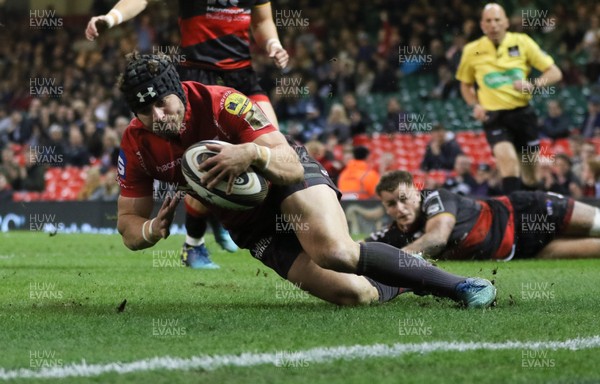280418 - Dragons v Scarlets, Judgement DAY VI, Guinness PRO14 -  Leigh Halfpenny of Scarlets touches down only for the try to be disallowed