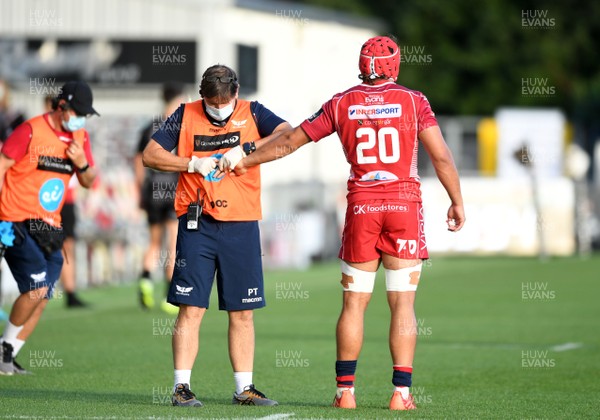 290820 - Dragons v Scarlets - Guinness PRO14 - Josh Macleod of Scarlets is treated