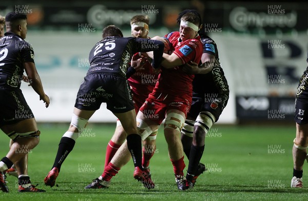 121121 - Dragons A v Scarlets Development - Friendly - Osian Davies of Scarlets is tackled by Tom Griffiths and Max Williams of Dragons