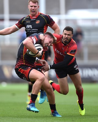 080918 - Dragons v Southern Kings - Guinness PRO14 - Tyler Morgan of Dragons is tackled by Bjorn Basson of Southern Kings