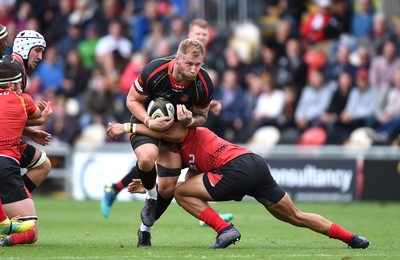 080918 - Dragons v Southern Kings - Guinness PRO14 - Ross Moriarty of Dragons is tackled by Berton Klassen of Southern Kings