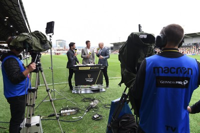 080918 - Dragons v Southern Kings - Guinness PRO14 - Gethin Jones, Ed Jackson and Tom Shanklin of Premier Sports