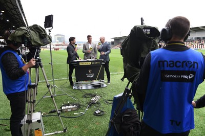 080918 - Dragons v Southern Kings - Guinness PRO14 - Gethin Jones, Ed Jackson and Tom Shanklin of Premier Sports