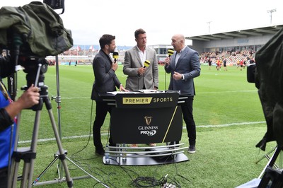 080918 - Dragons v Southern Kings - Guinness PRO14 - Gethin Jones, Ed Jackson and Tom Shanklin of Premier Sports