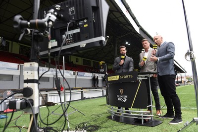 080918 - Dragons v Southern Kings - Guinness PRO14 - Gethin Jones, Ed Jackson and Tom Shanklin of Premier Sports