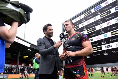 080918 - Dragons v Southern Kings - Guinness PRO14 - Gethin Jones of Premier Sports talks to Ollie Griffiths of Dragons