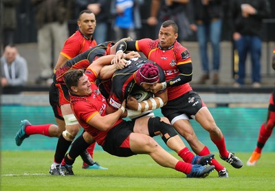 080918 - Dragons v Isuzu Southern Kings, Guinness PRO14 - Brandon Nansen of Dragons is tackled just short of the try line