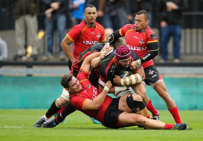 080918 - Dragons v Isuzu Southern Kings, Guinness PRO14 - Brandon Nansen of Dragons is tackled just short of the try line