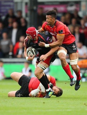 080918 - Dragons v Isuzu Southern Kings, Guinness PRO14 - Cory Hill of Dragons looks for support as he is tackled