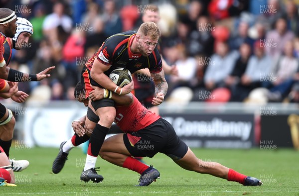 080918 - Dragons v Southern Kings - Guinness PRO14 - Ross Moriarty of Dragons is tackled by Berton Klassen of Southern Kings